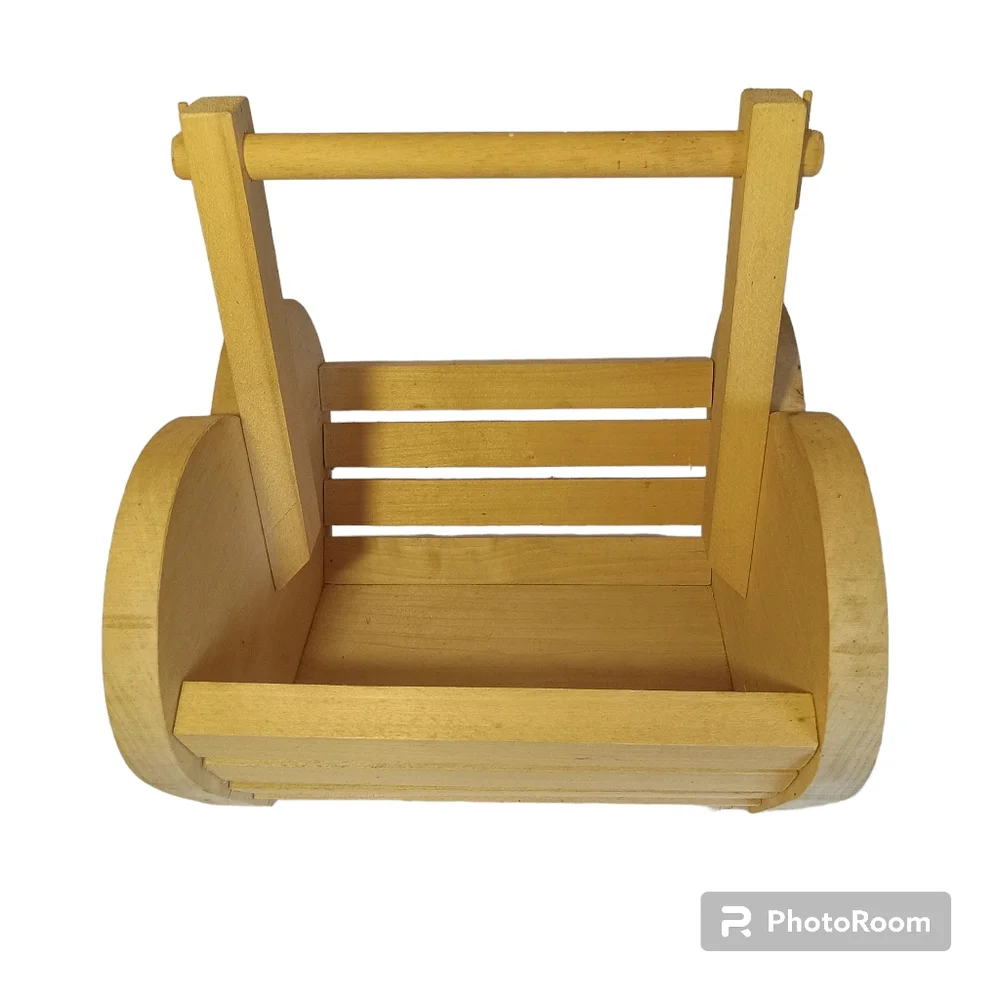 Slatted Decorative Wooden Basket with one handle - Handmade. Large. Cottagecore